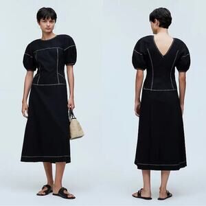 madewell black puff-sleeve drop-waist midi dress women's nq890 size 6
